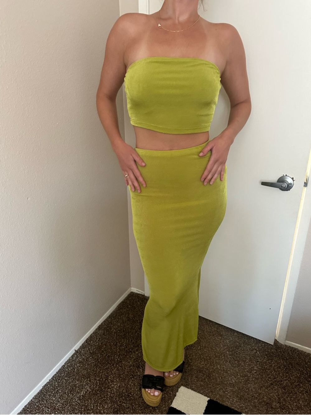 Olive Green Strapless Maxi Skirt & matching bandeau- Women's Fitted Silhouette